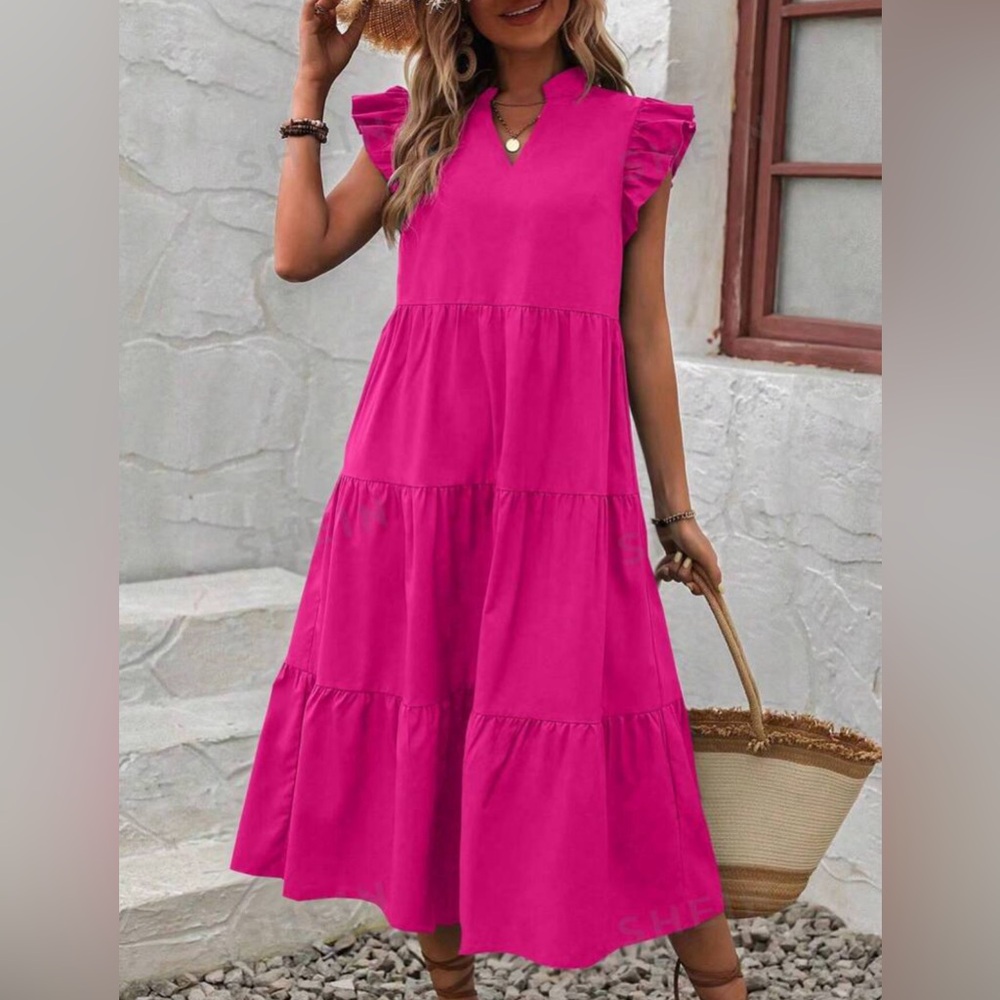 BRAND NEW SHEIN LUNE Notched Neckline Ruffle Trim Smock Dress. Hot Pink XL